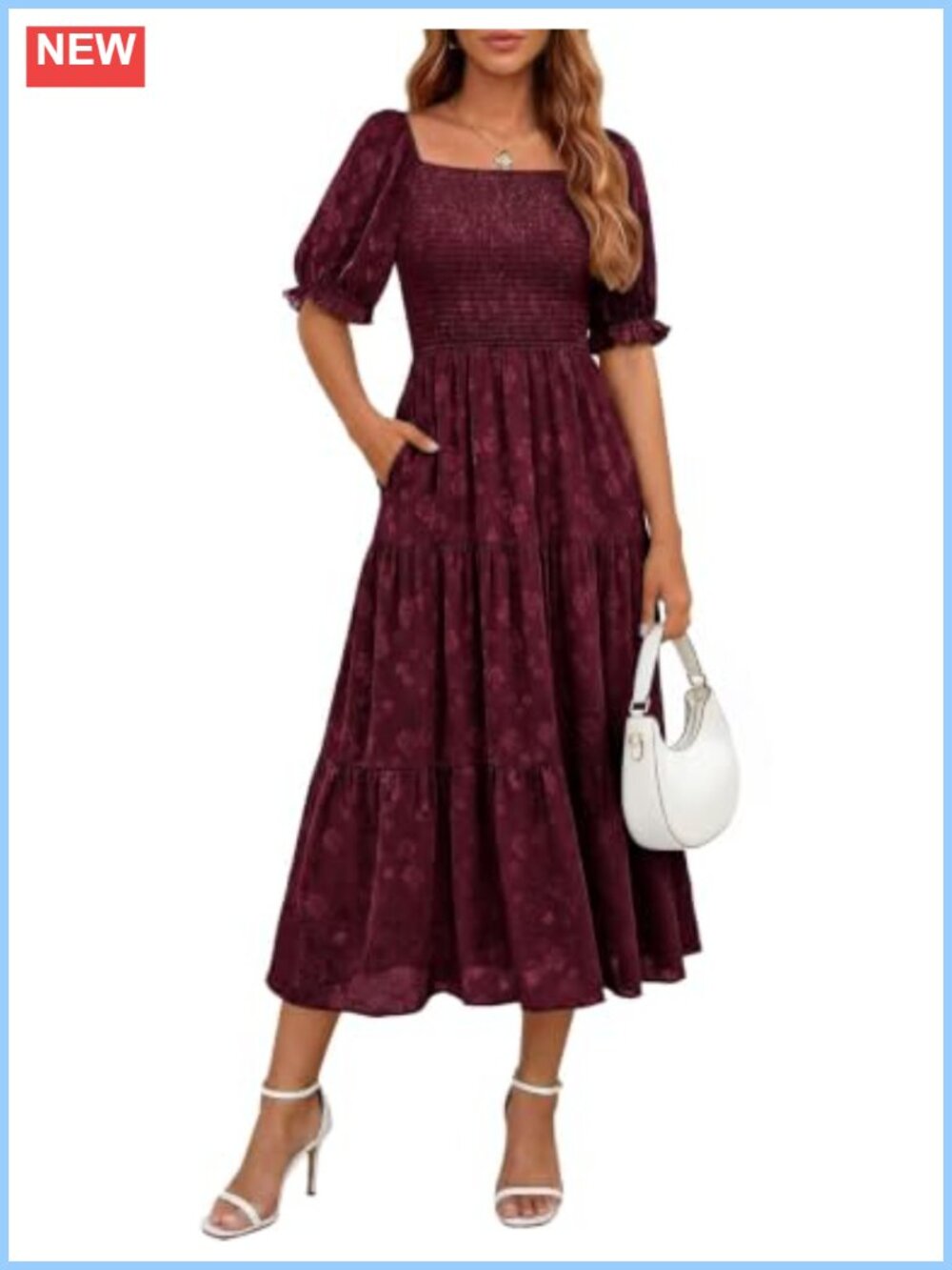 Floral Midi Dress Smocked A Line Square Neck Pockets Wedding Guest